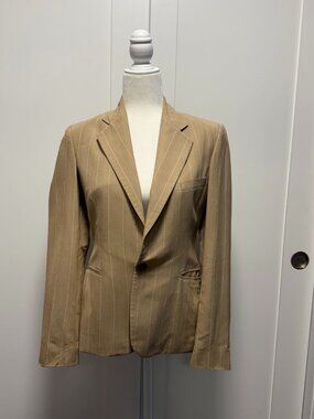 Ralph Lauren Purple Label 100% SILK Blazer Jacket Size 6 Tan w/ Ivory Stripes